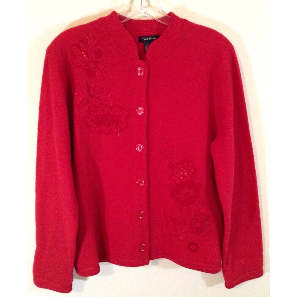 Vtg Cardigan Sweater Wmn M Red 100% Wool Floral Embroidered Grandma Cottage Y2K